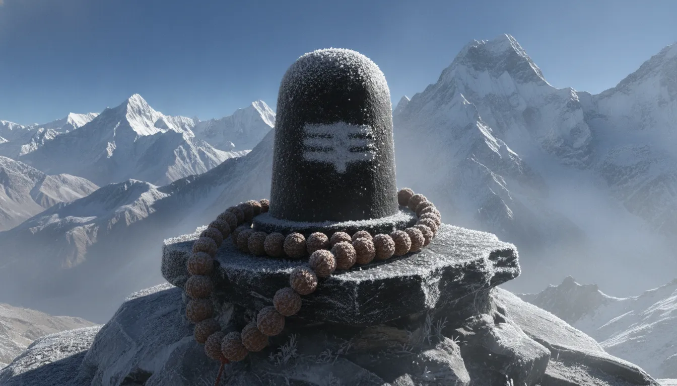 A majestic ice and stone Shivling surrounded by Rudraksha beads against a cold Himalayan blue snow background