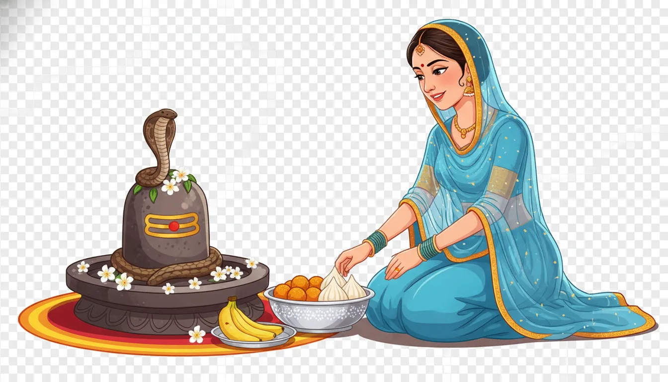Sweet devotional offering showing shivling pooja by lady cartoon png images placing fresh prasad at the altar.