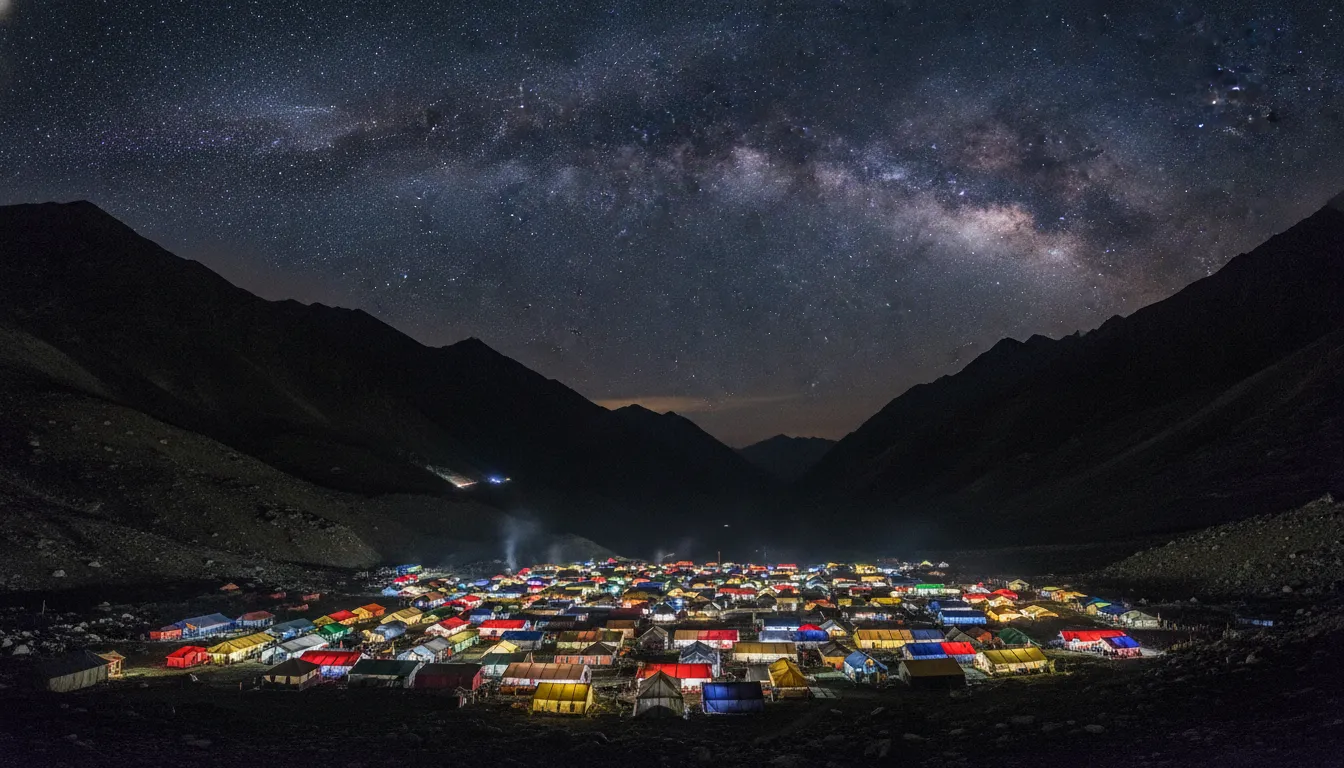 The glowing tents of Baltal base camp under a starry Milky Way sky on the way to the ice shivling.