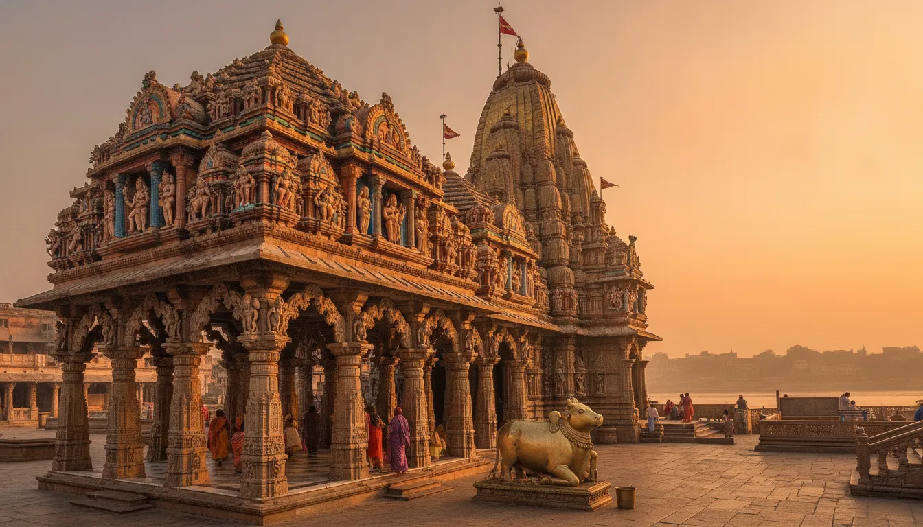 A wide-angle shot showcasing the intricate architecture and traditional style of the Kashi Vishwanath Temple.