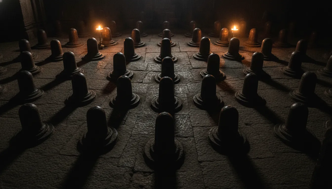 The peaceful and quiet atmosphere of the 108 Shivlings shrine inside Omkareshwar temple at night.