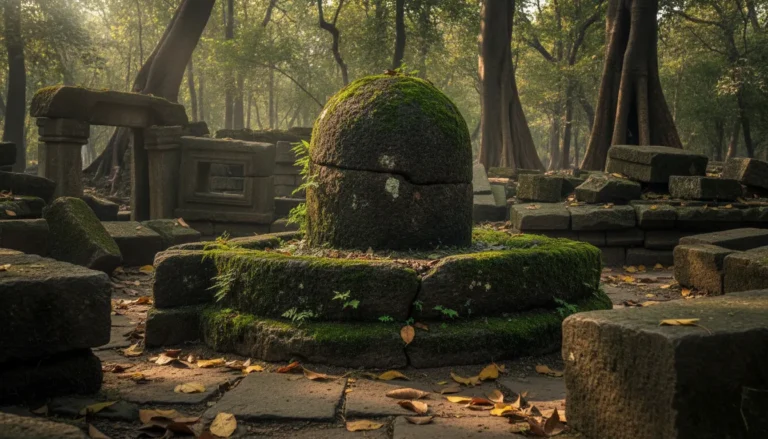 Ancient shiv temple shivling images featuring an old stone Shivling surrounded by mossy temple ruins and deep green forest trees.