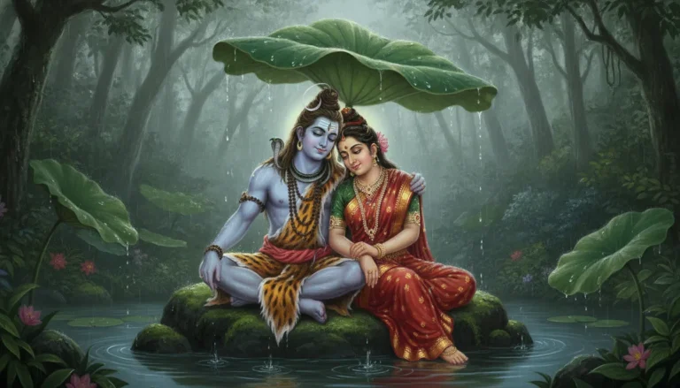 Shiva and Parvati sharing a large leaf as shelter during a gentle forest rain