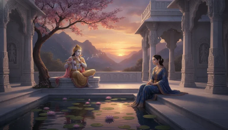 A divine flute player sitting in a white marble temple courtyard with a woman listening peacefully near a lotus pond.