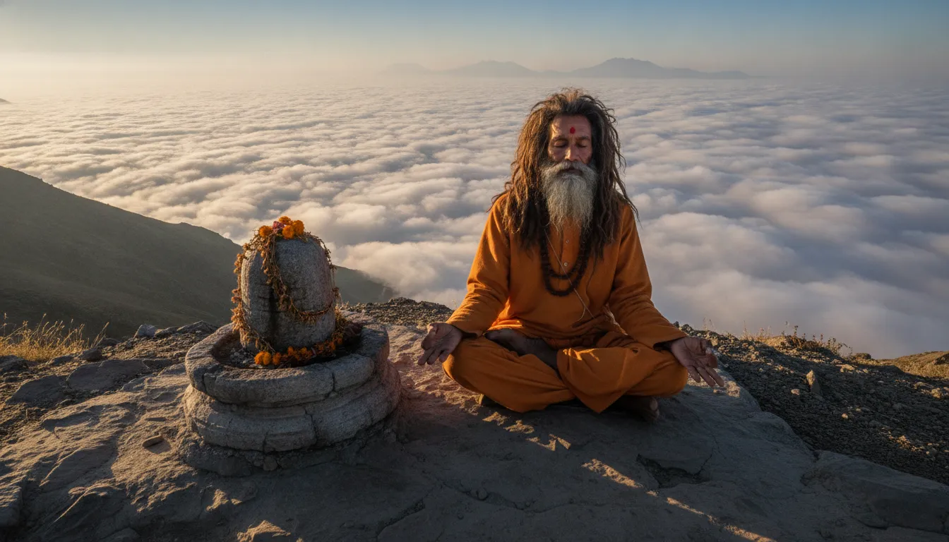 An ascetic sadhu meditating deeply in padmasana next to an ancient mountain Shivling.