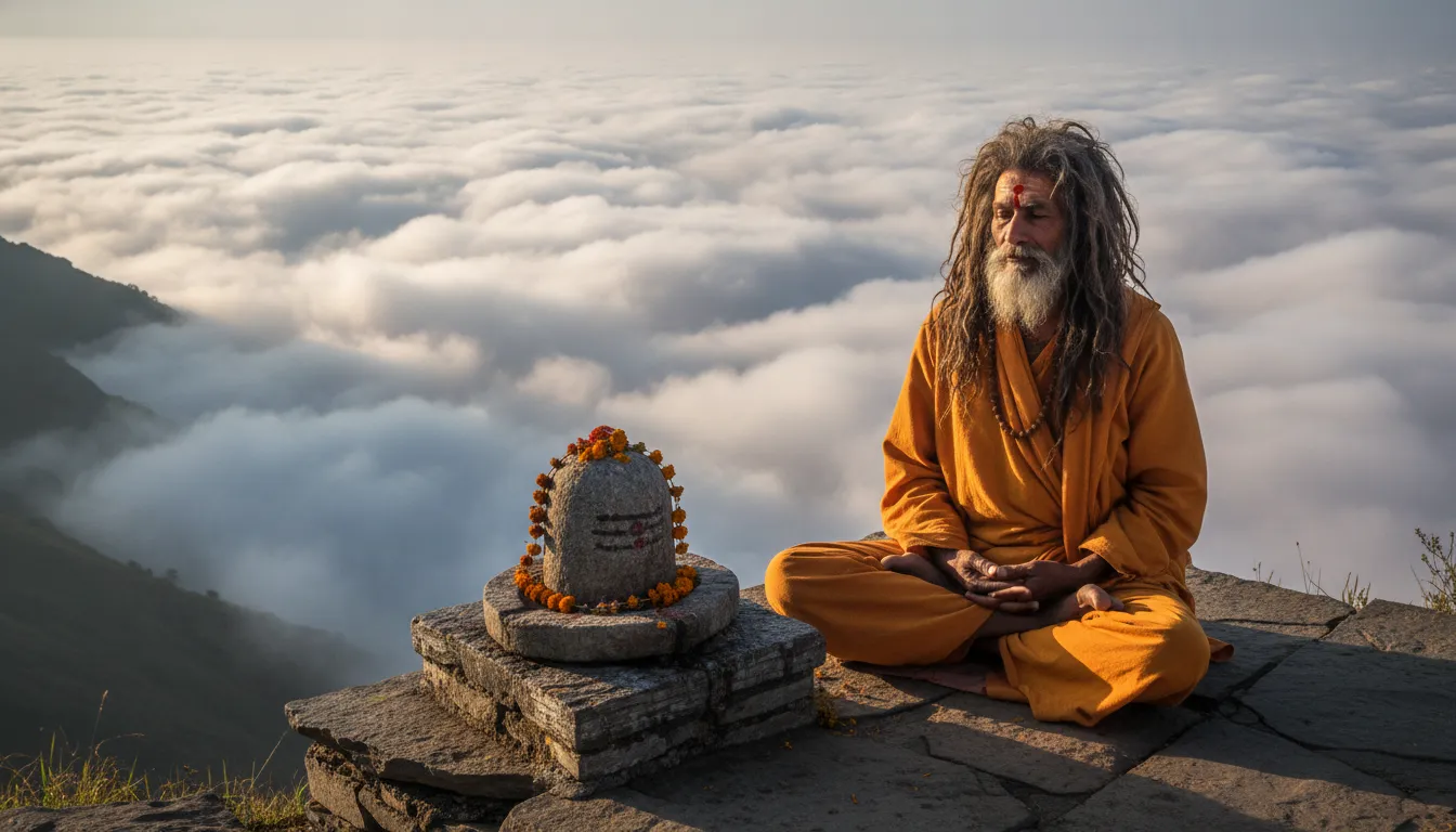 An ascetic sadhu meditating deeply in padmasana next to an ancient mountain Shivling.
