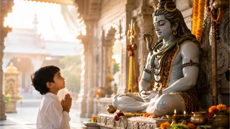 A young child standing with folded hands looking up at a gentle statue of meditating Lord Shiva