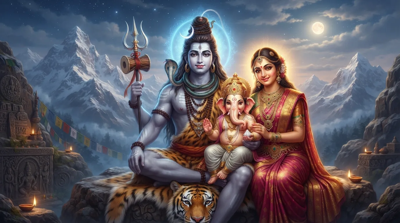 High-definition digital fantasy rendering of the Shiva family with divine aura