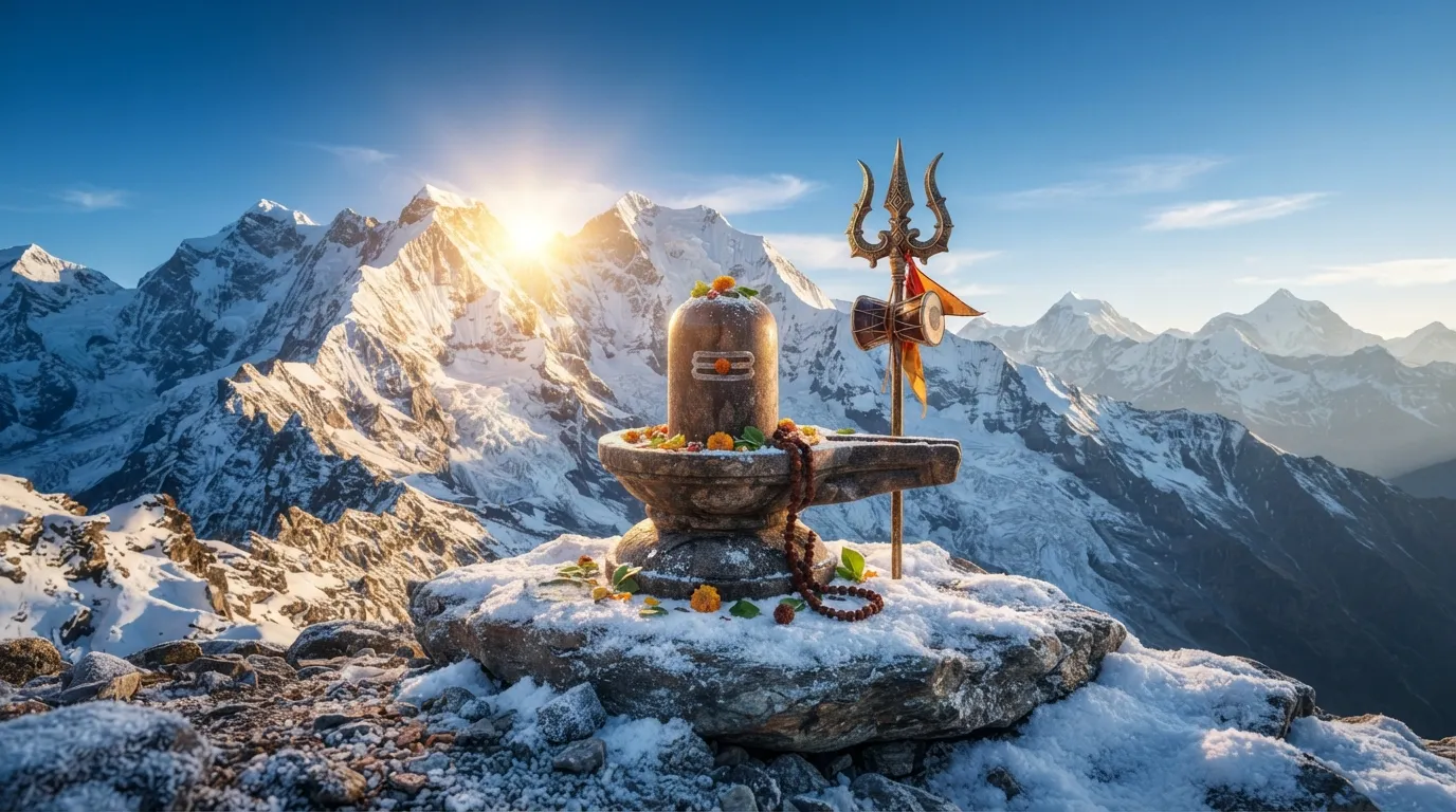 3D shivling graphic image HD placed on snow-covered Himalayan mountain peaks.