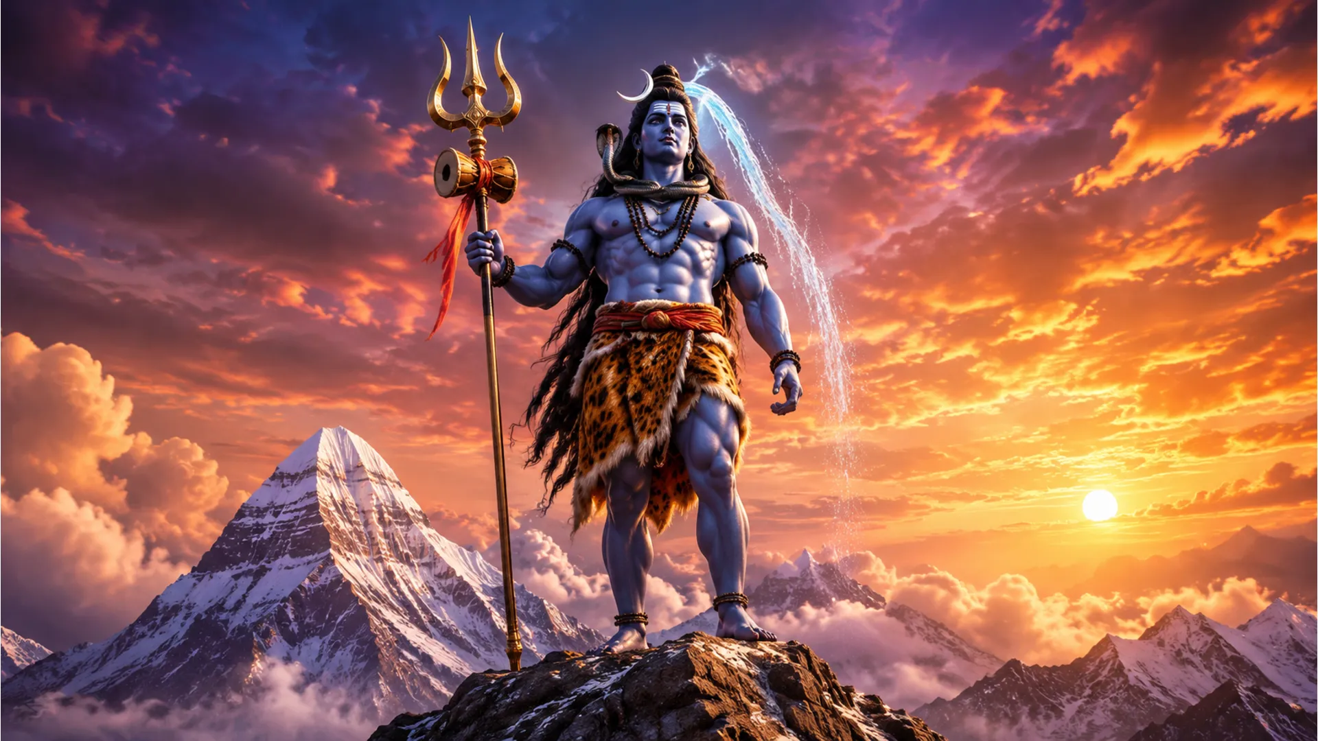 Bholenath photo 3d of Lord Shiva standing majestically on Mount Kailash, holding a golden Trishul.