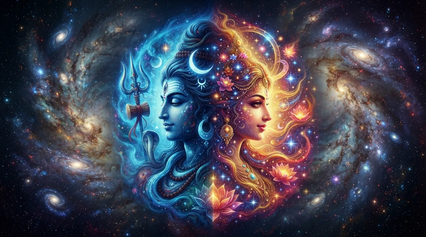Spiritual abstract art representing the combined cosmic energies of Shiva and Parvati.