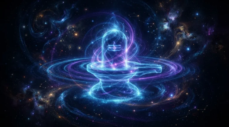 Modern digital art showing a glowing abstract shivling with cosmic energy lines and stars.