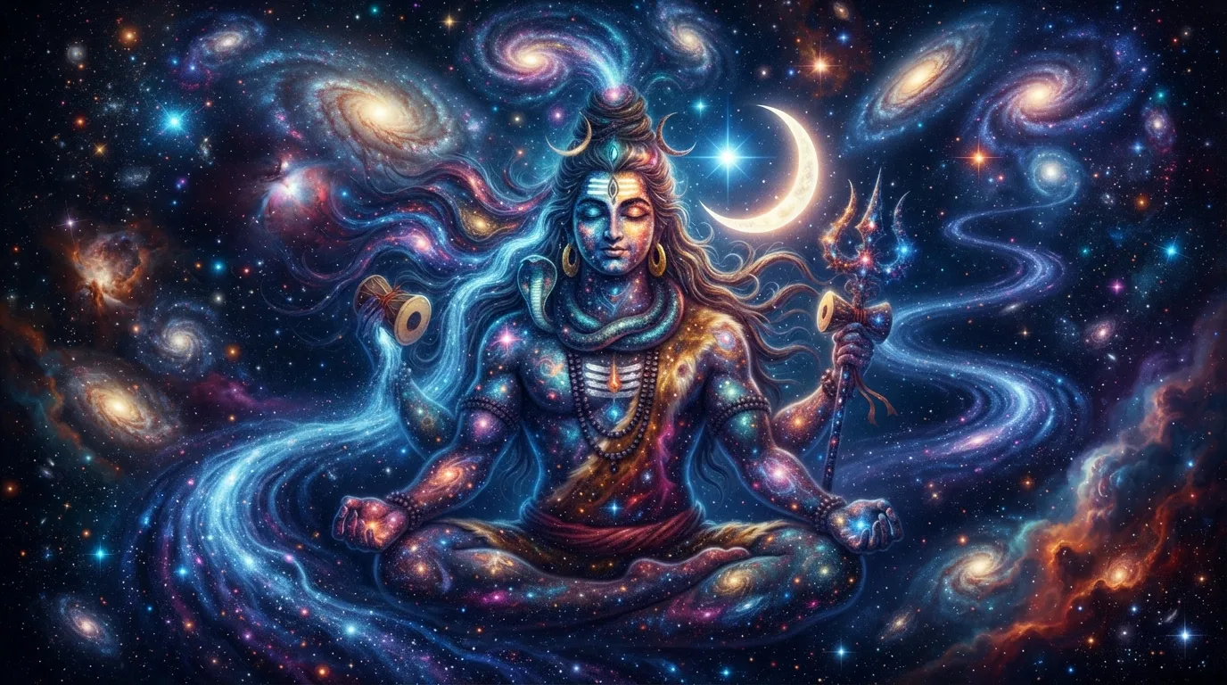 Abstract artistic representation of Mahadev blending into the cosmic universe and galaxies, mahadev wallpaper hd 4k for pc.