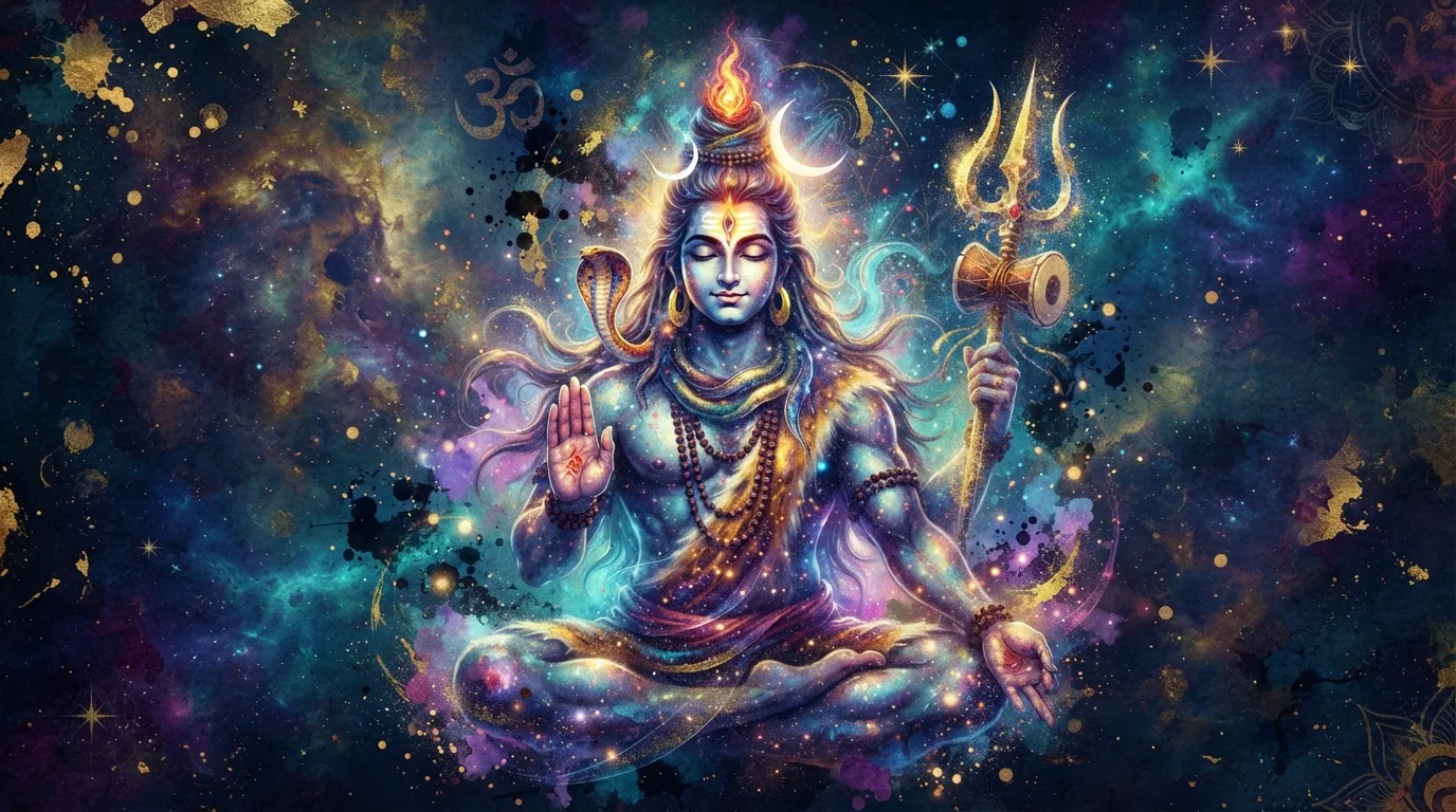 Abstract artistic representation of Lord Shiva formed by cosmic dust and light.