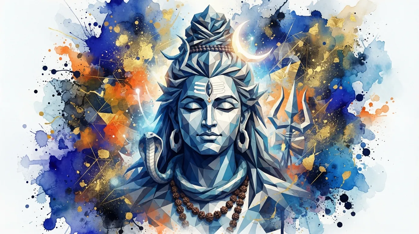 Artistic abstract 3D photo of Bholenath with watercolor textures and geometric shapes.