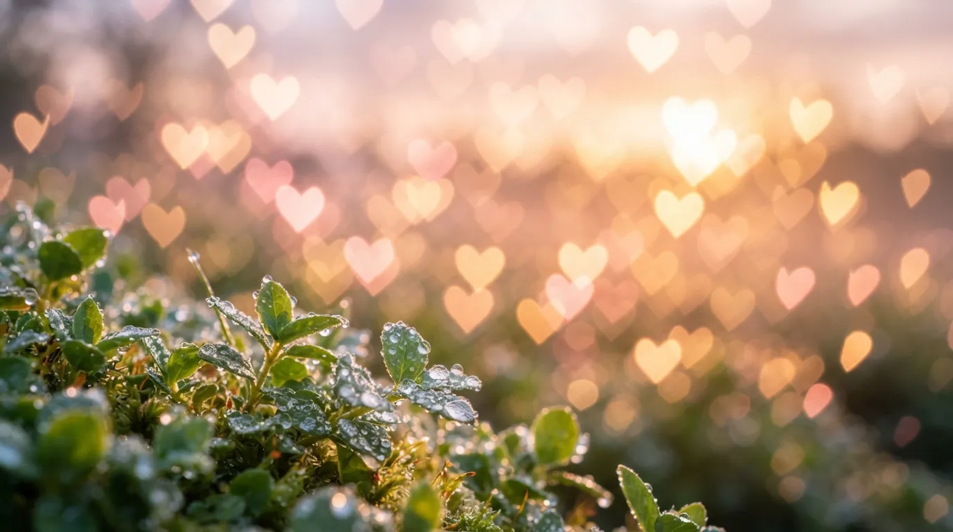 Glowing heart-shaped bokeh lights with morning dew background