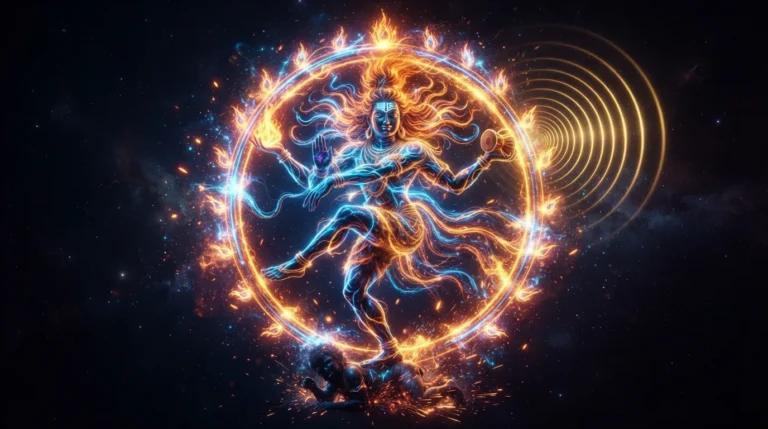 Abstract energy art god nataraja images with glowing blue and gold neon lines.