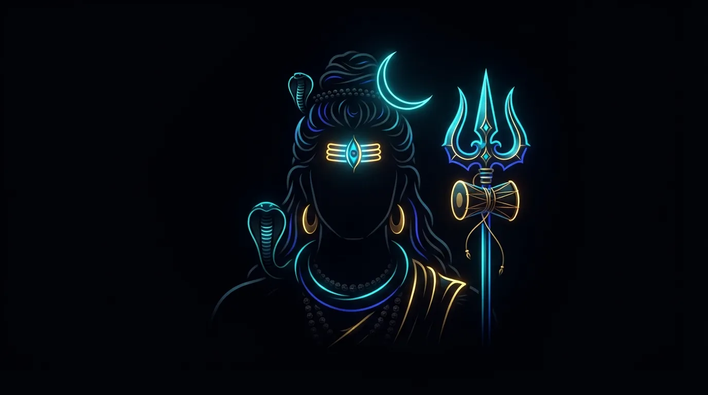 Modern abstract neon line art of Lord Shiva with a glowing trident in 4K resolution.