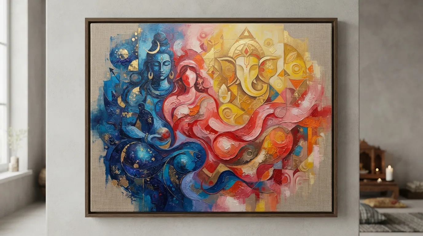 Abstract painting using colors and shapes to represent the energy of Shiva Parvati and Ganesha