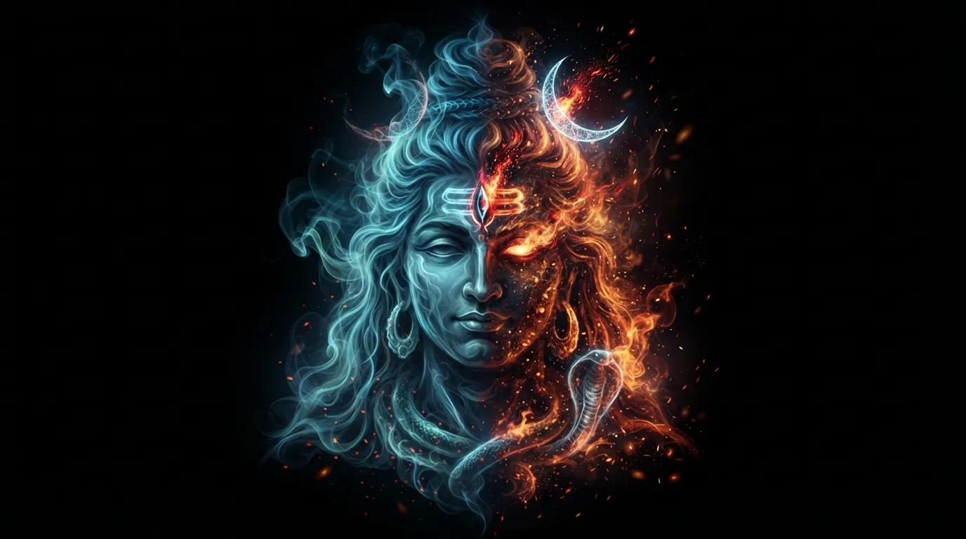 Abstract artistic face of Lord Shiva formed from smoke and fire trails, creative Mahadev wallpaper HD 4K phone.