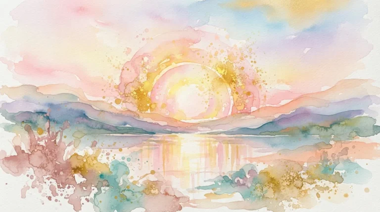 An artistic abstract watercolor painting of a rising sun using pastel yellow, pink, and gold tones.