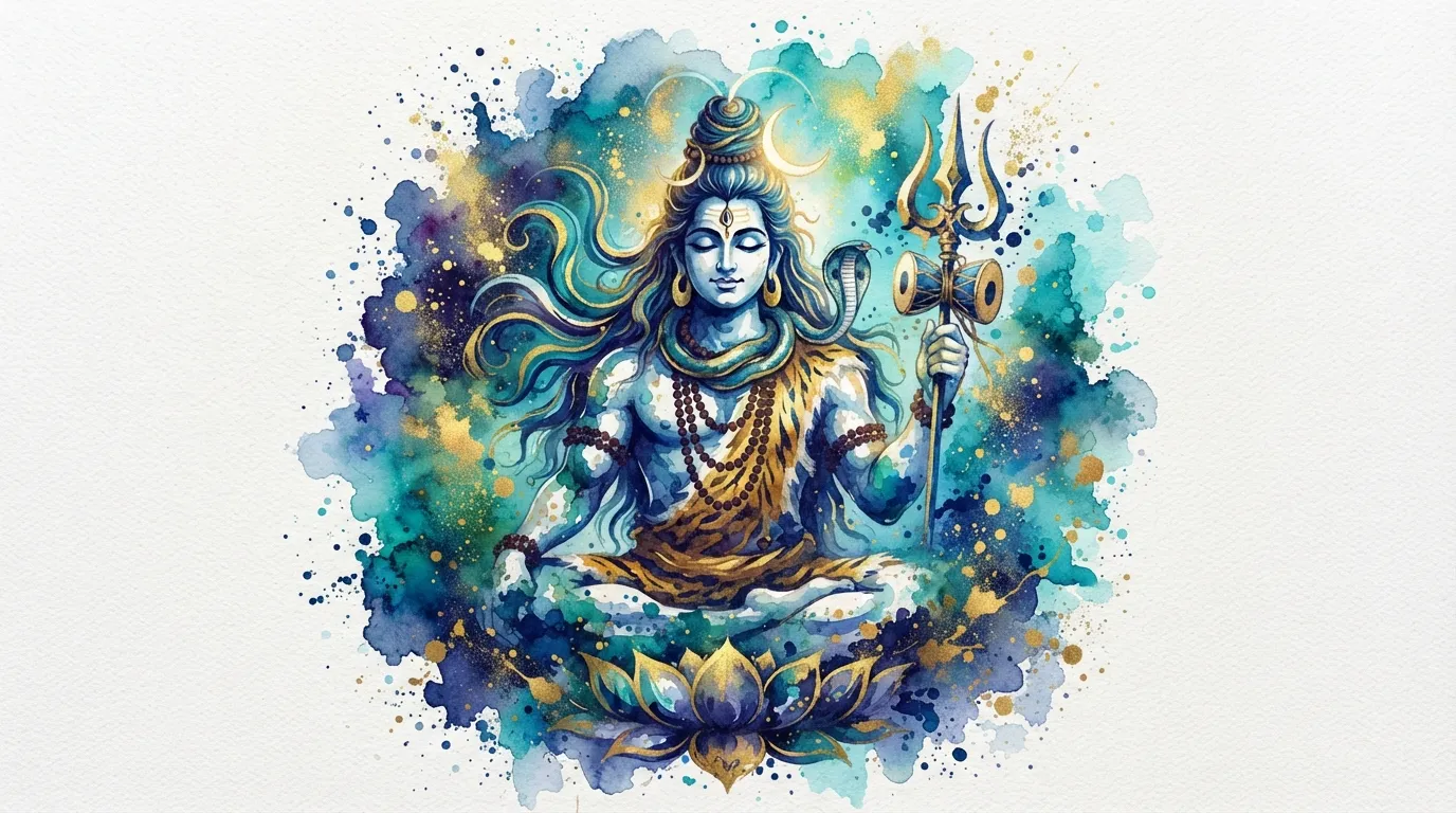Colorful abstract watercolor painting of Lord Shiva with blending shades of blue and gold.