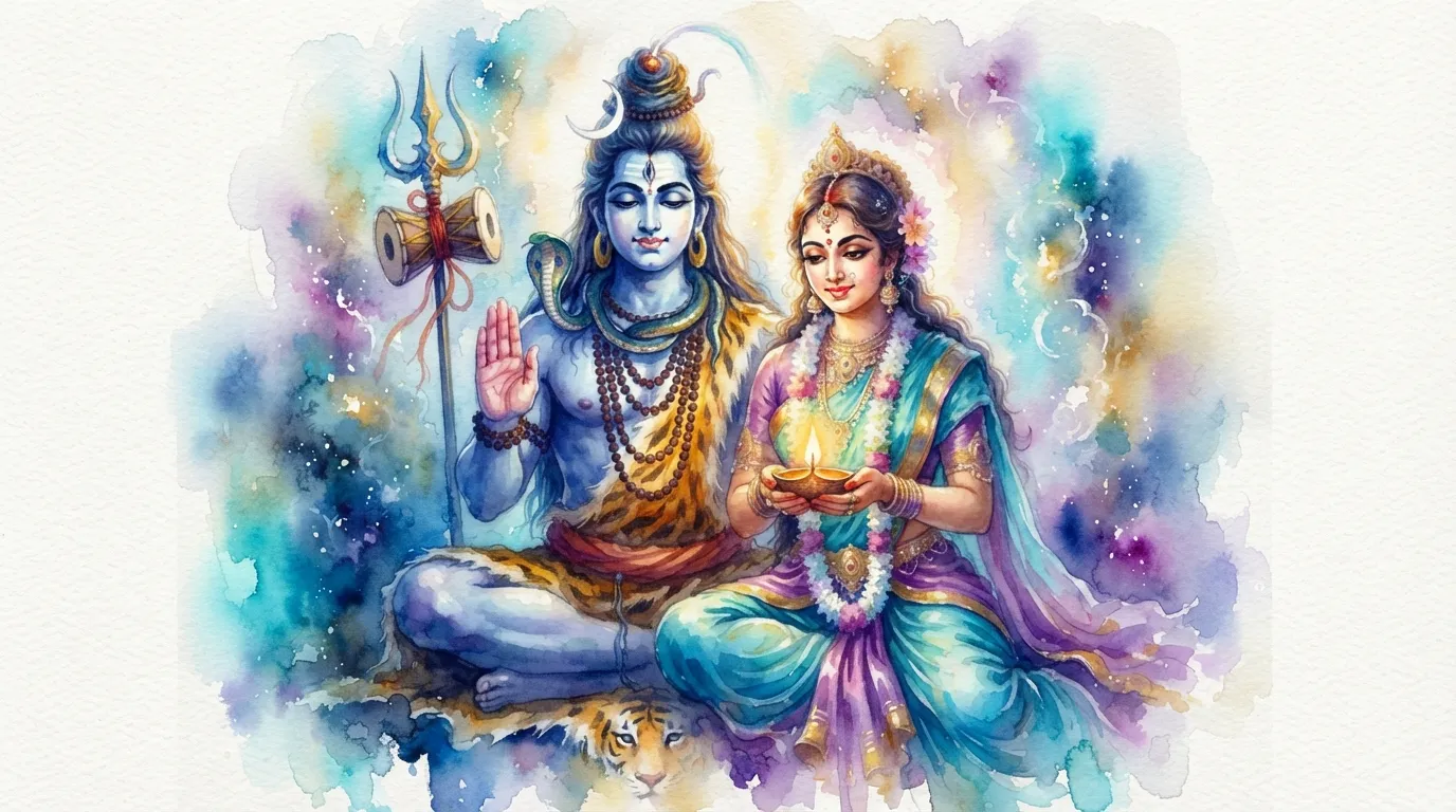 An ethereal watercolor painting of Shiva and Parvati with soft blending colors and spiritual light.