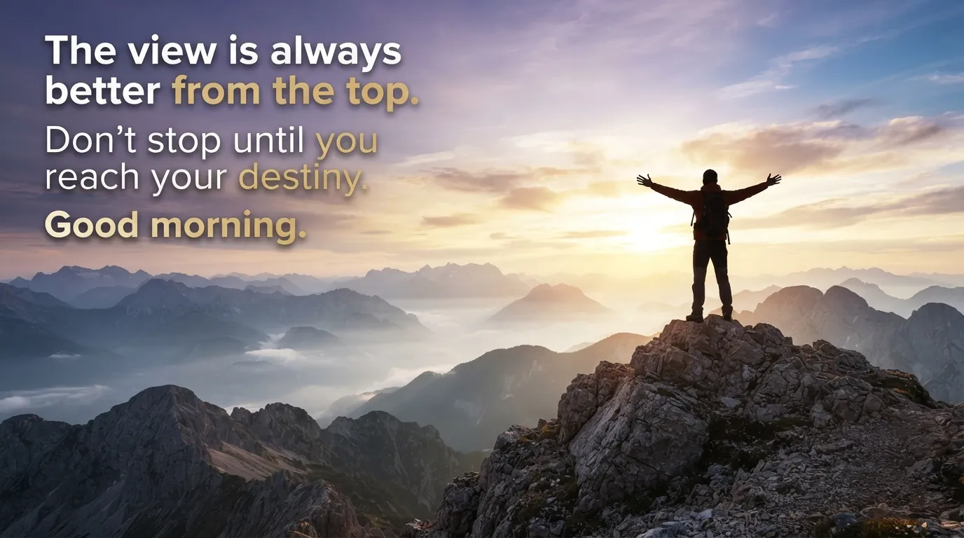 Thought good morning images with a mountain top silhouette and motivational quote.