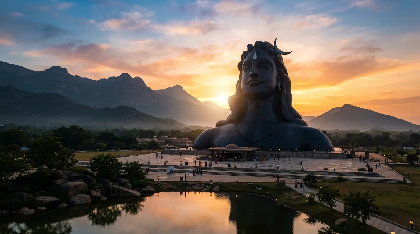 Breathtaking sunrise photo of the massive Adiyogi statue in Coimbatore, representing the first yogi.