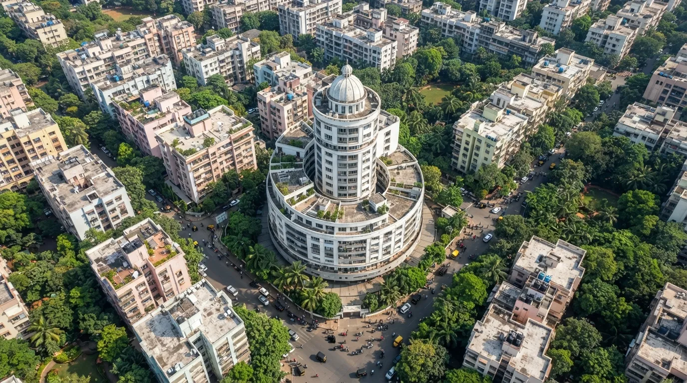 Bird's-eye view drone shot of Shivling Building and the surrounding IC Colony locality.