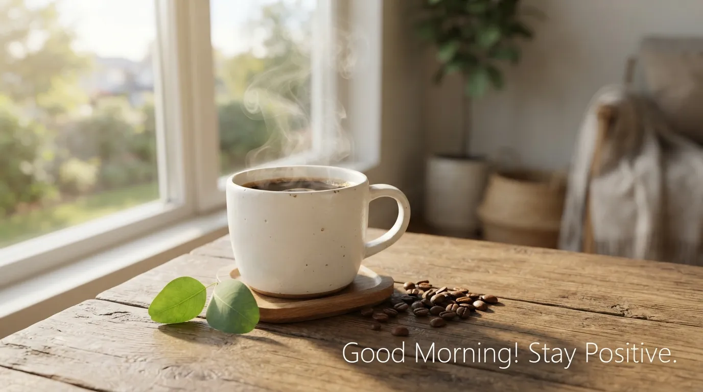 Hot ceramic coffee mug with steam rising near a window with morning light