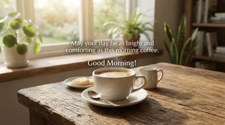 Latest good morning images featuring a porcelain coffee cup on a wooden table with soft morning sunlight.