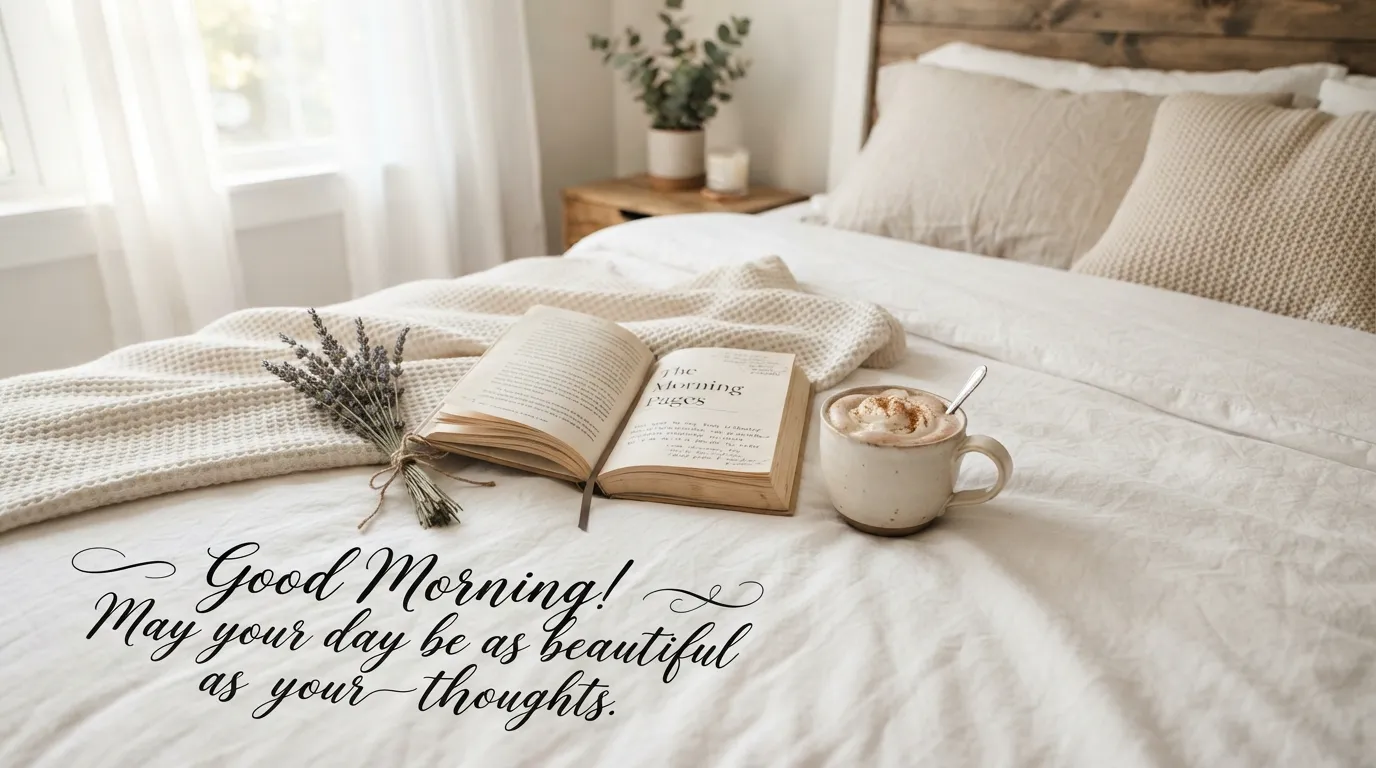 Cozy morning aesthetic with an open book, coffee cup, and English quote.
