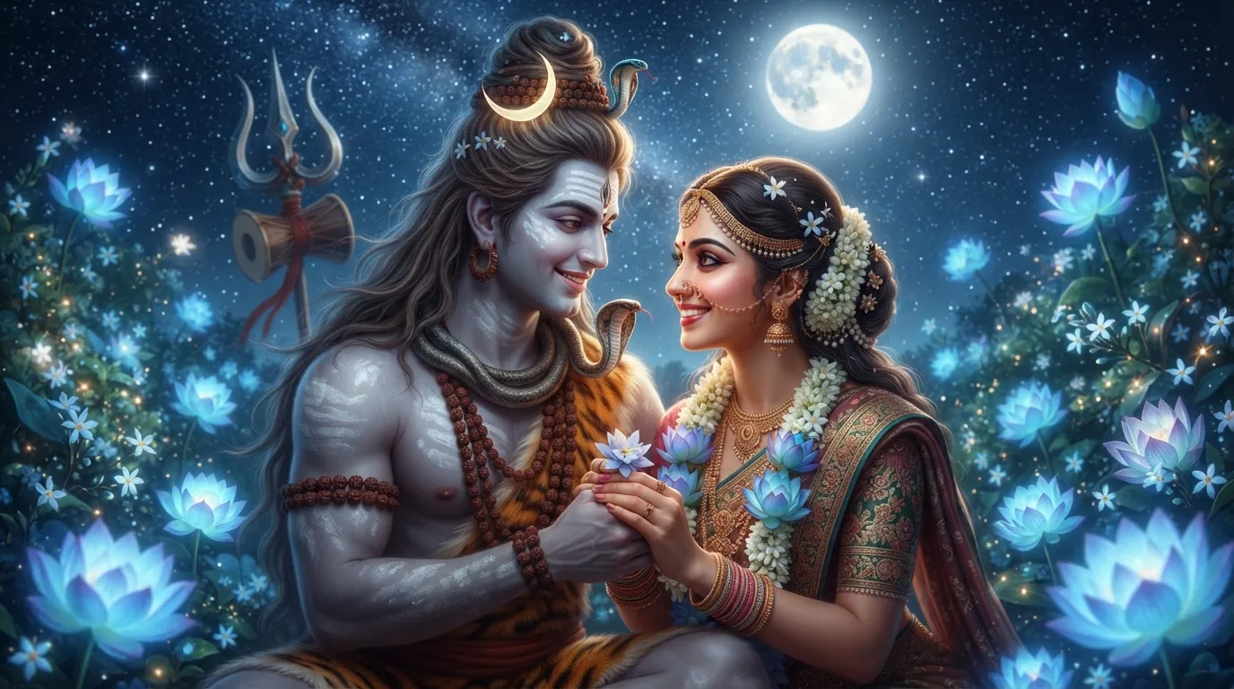 Beautiful close-up profile picture of Shiv Parvati surrounded by glowing sacred lotus flowers for WhatsApp status.