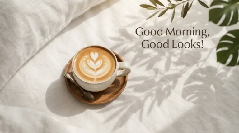 Minimalist aesthetic coffee cup on a linen bedsheet with sunlight and Good Morning Good Looks text.