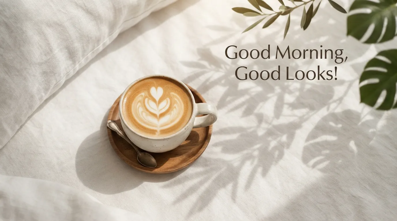 Minimalist aesthetic coffee cup on a linen bedsheet with sunlight and Good Morning Good Looks text.