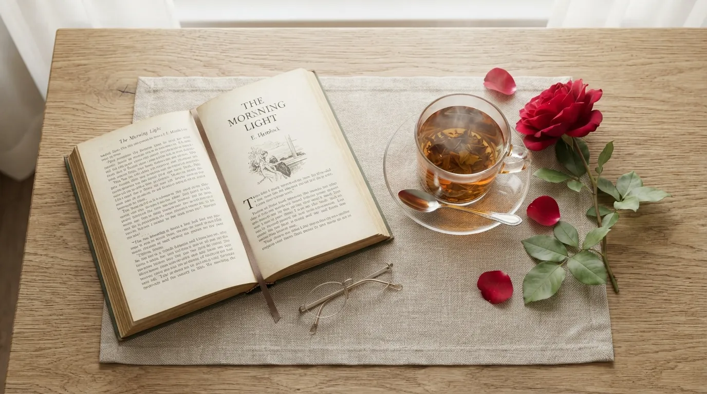 Long-stemmed red rose resting on an open book next to a glass cup of morning tea