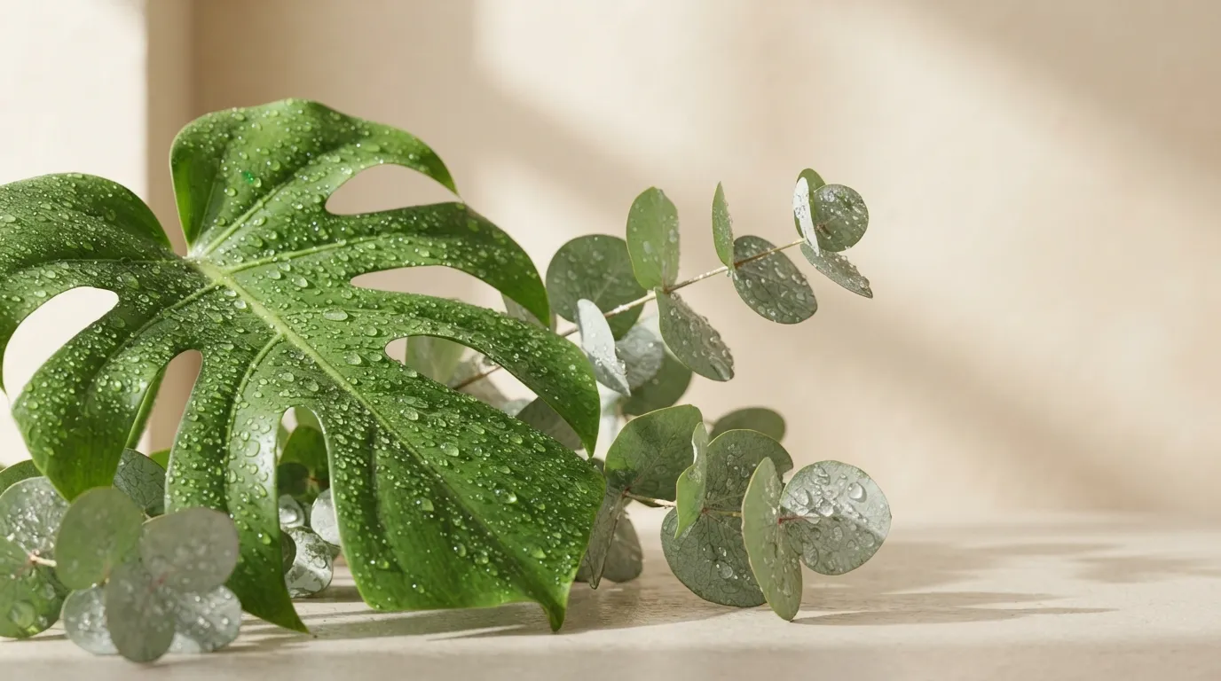 Minimalist green leaves with morning dew for friend good morning images