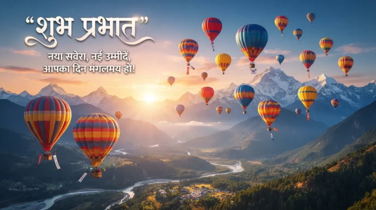 Colorful hot air balloons good morning images with quotes in hindi.