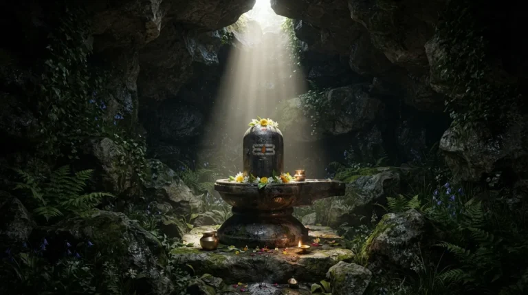 High-resolution photo of an ancient black stone Shivling located inside a natural rocky cave surrounded by green vines.