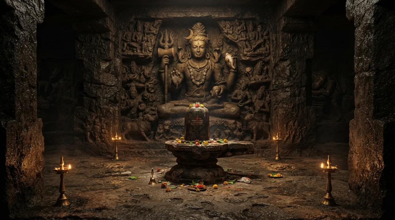 Historical cave temple style shiv shankar with shivling image