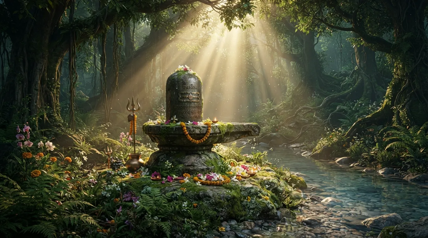 Mystical forest shrine featuring a 3D shivling graphic image HD. Mystical forest shrine featuring a 3D shivling graphic image HD.