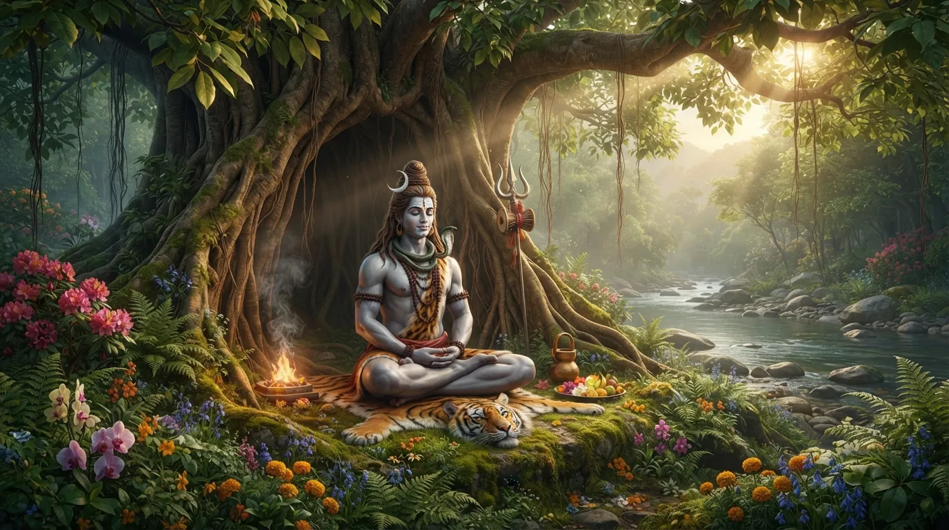 Lord Shiva meditating peacefully under an ancient tree in a magical green forest with sunbeams.