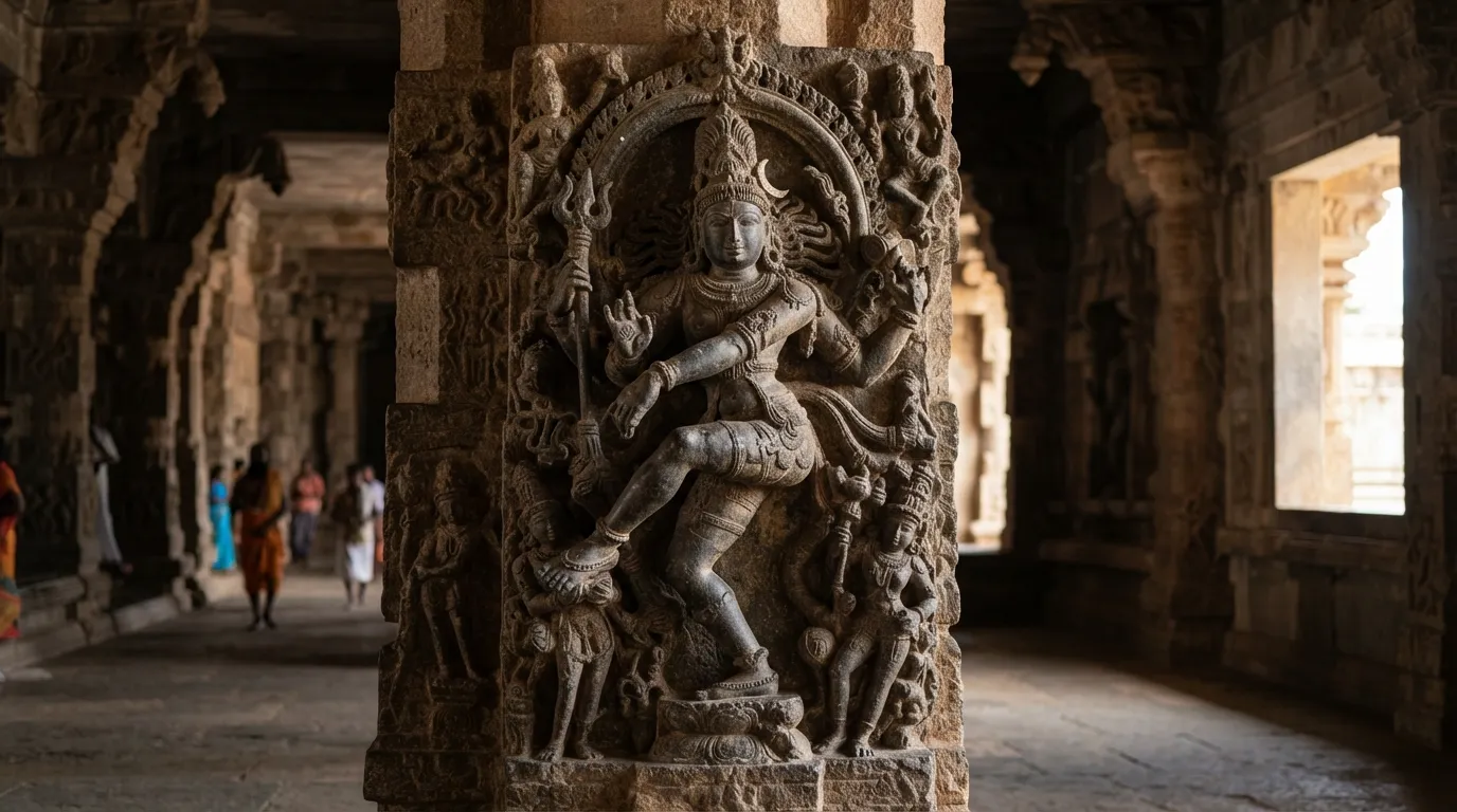 A detailed 4k photograph of an ancient, intricate sculpture of Lord Shiva Nataraja within a historic Indian temple.