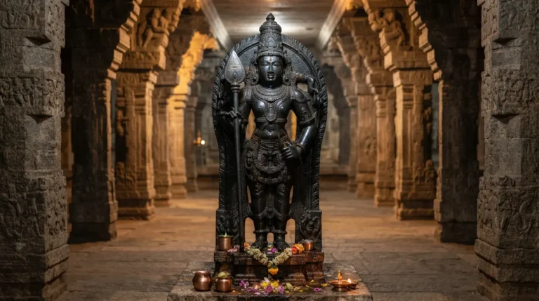 An ancient hand carved stone deity standing with a sharp spear inside a historic heritage temple corridor.