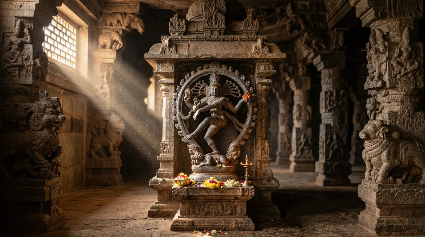 Intricate stone carving of lord shiva nataraja in an ancient indian temple