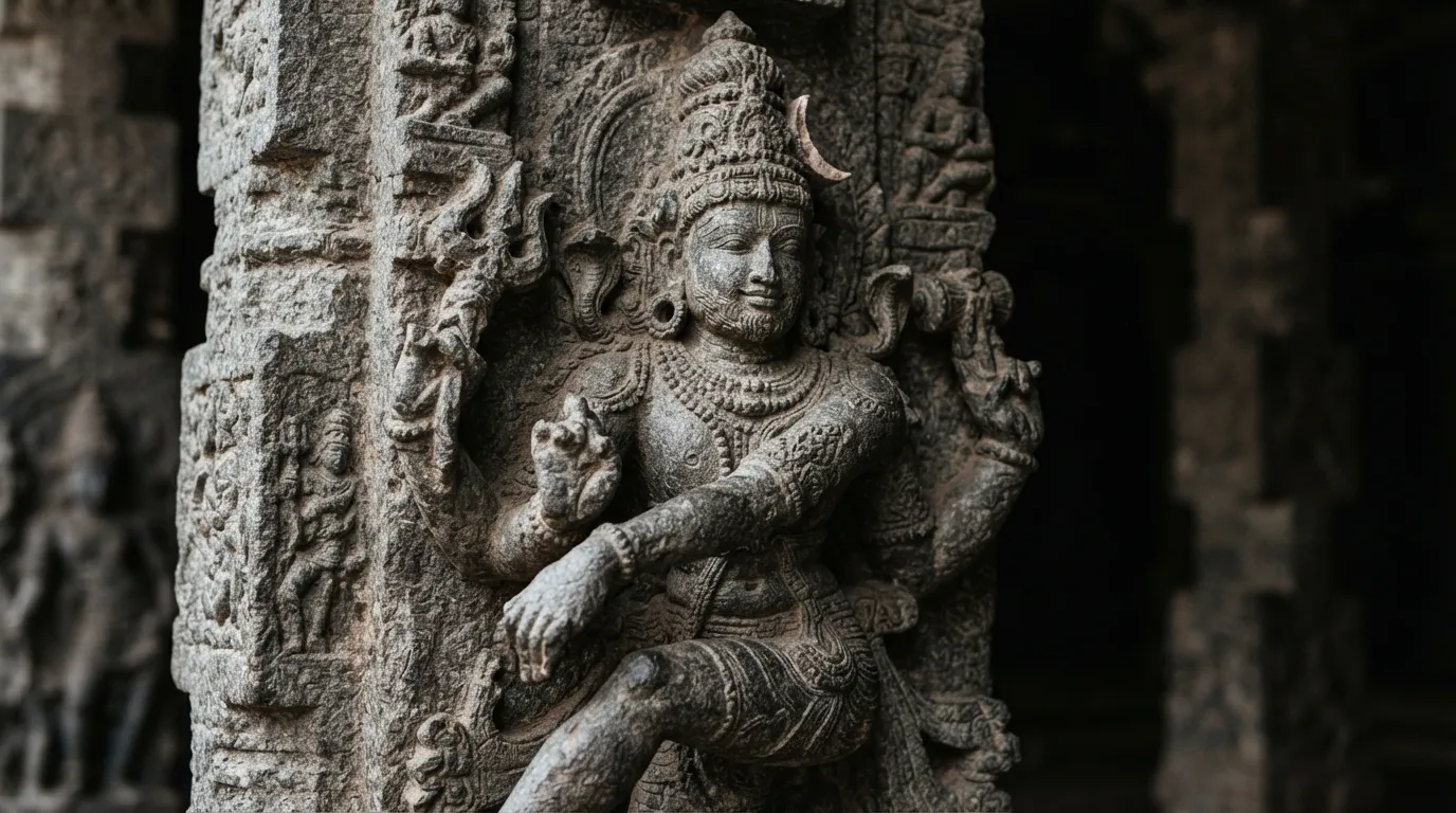 A detailed stone relief carving of Nataraja found on the walls of historical Indian heritage temples.