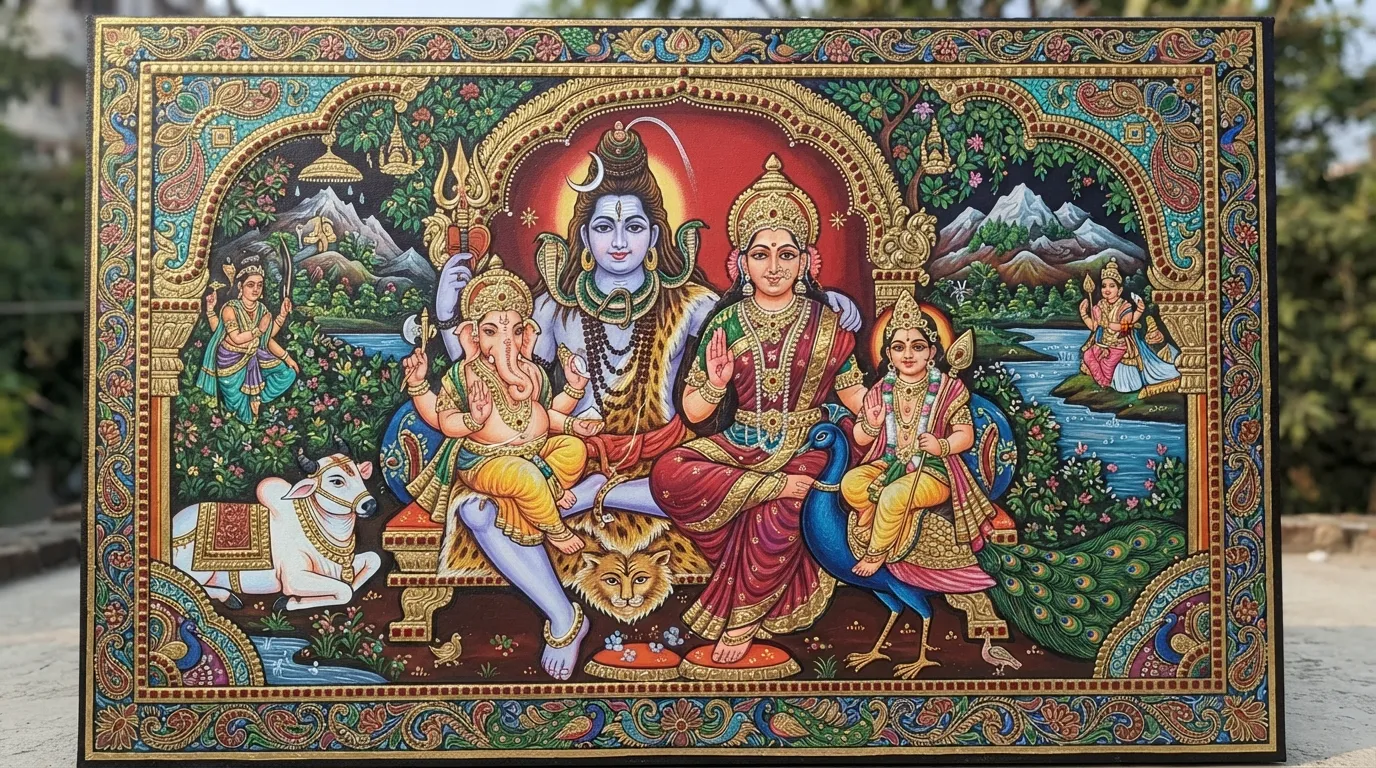 Traditional Indian temple mural painting of Lord Shiva's family