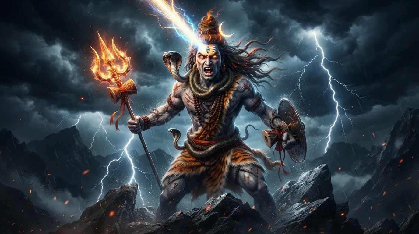 Intense Bholenath 3D photo showing the powerful Rudra avatar with glowing third eye.