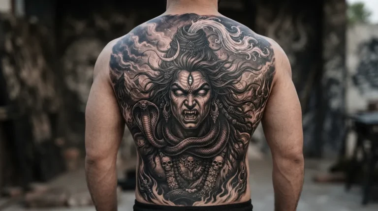 Angry Rudra avatar bholenath tattoo photo on full back